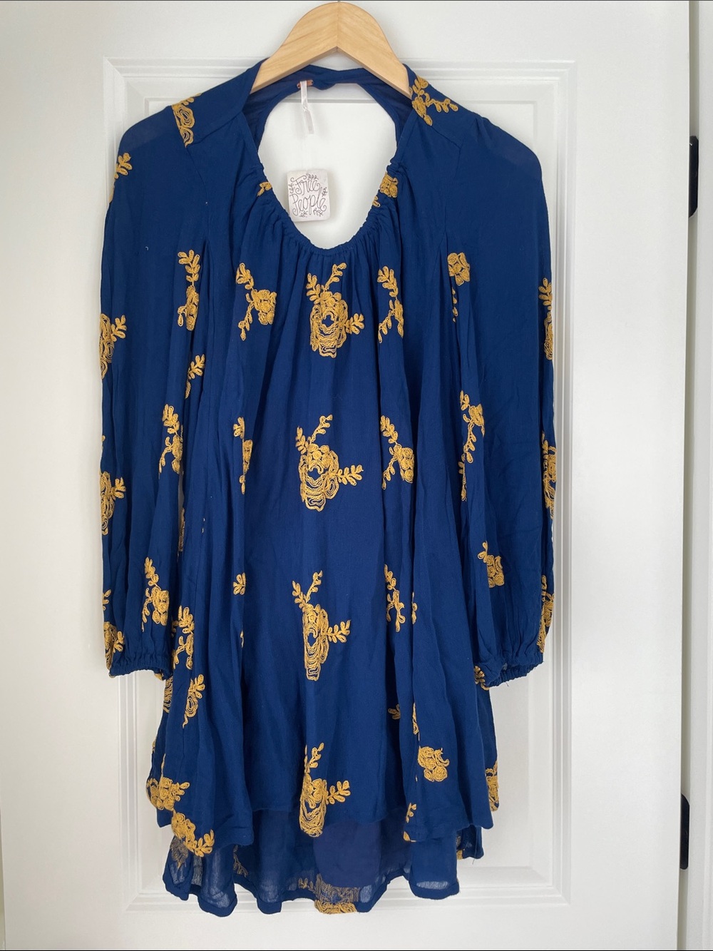 Free People Navy Mini Dress with Mustard Floral Embroidery